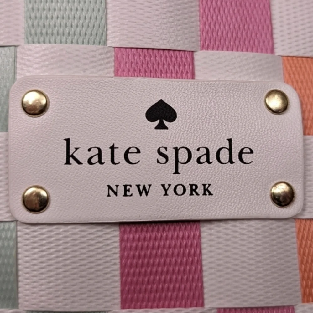 Kate Spade Multicolor Woven Tote Checkerboard Pastel Brights Striped Beach Bag L